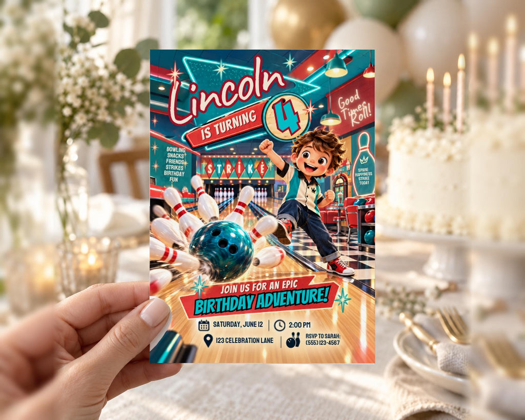 A hand holding a birthday party invitation for Lincoln's 4th birthday, featuring a bowling alley scene with bowling pins and a bowling ball.