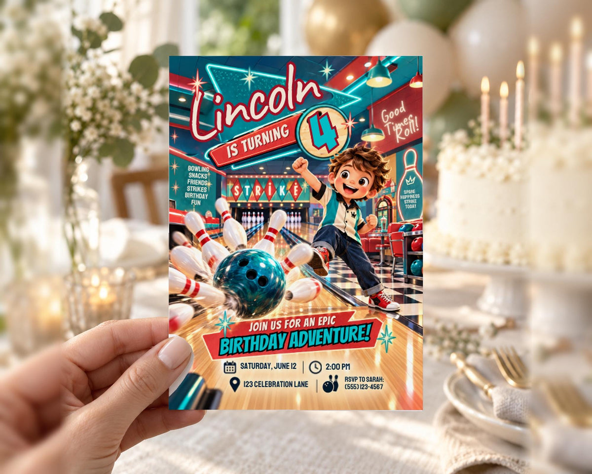 A hand holding a birthday party invitation for Lincoln's 4th birthday, featuring a bowling alley scene with bowling pins and a bowling ball.