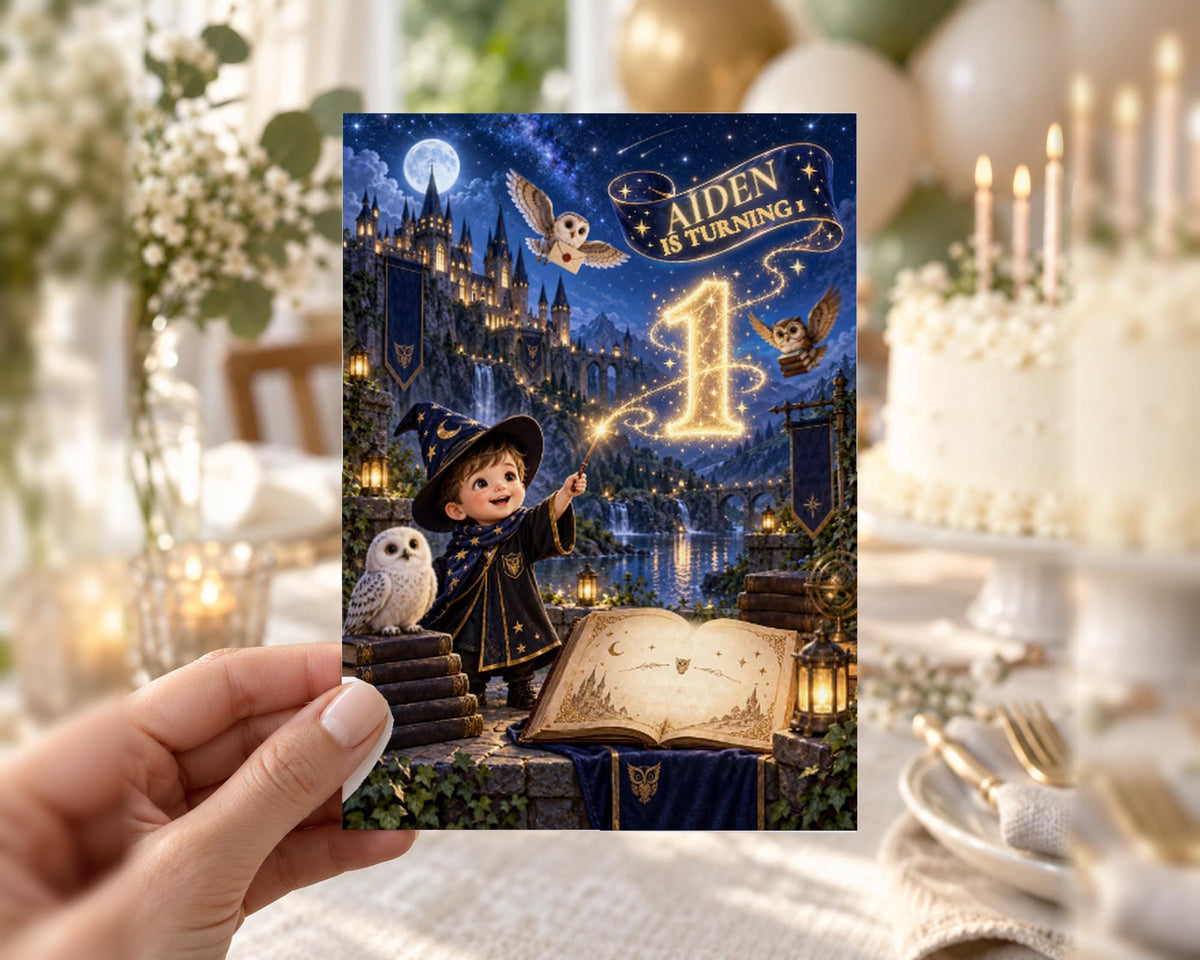 A hand holding a birthday card with a wizard and owl theme, featuring a castle, moon, and stars in the background.