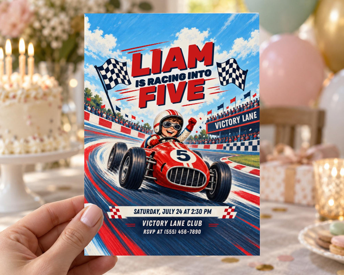 The image is a birthday party invitation featuring a racing theme, with a red race car and a person riding in it. The text on the invitation reads "Liam is racing into FIVE" and provides details about the event, including the date, time, location, and RSVP information.