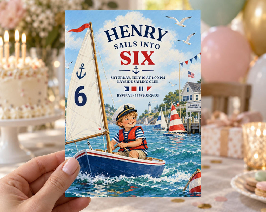 The image is a birthday invitation for a boy named Henry, featuring a sailboat and the number 6.