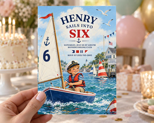 The image is a birthday invitation for a boy named Henry, featuring a sailboat and the number 6.