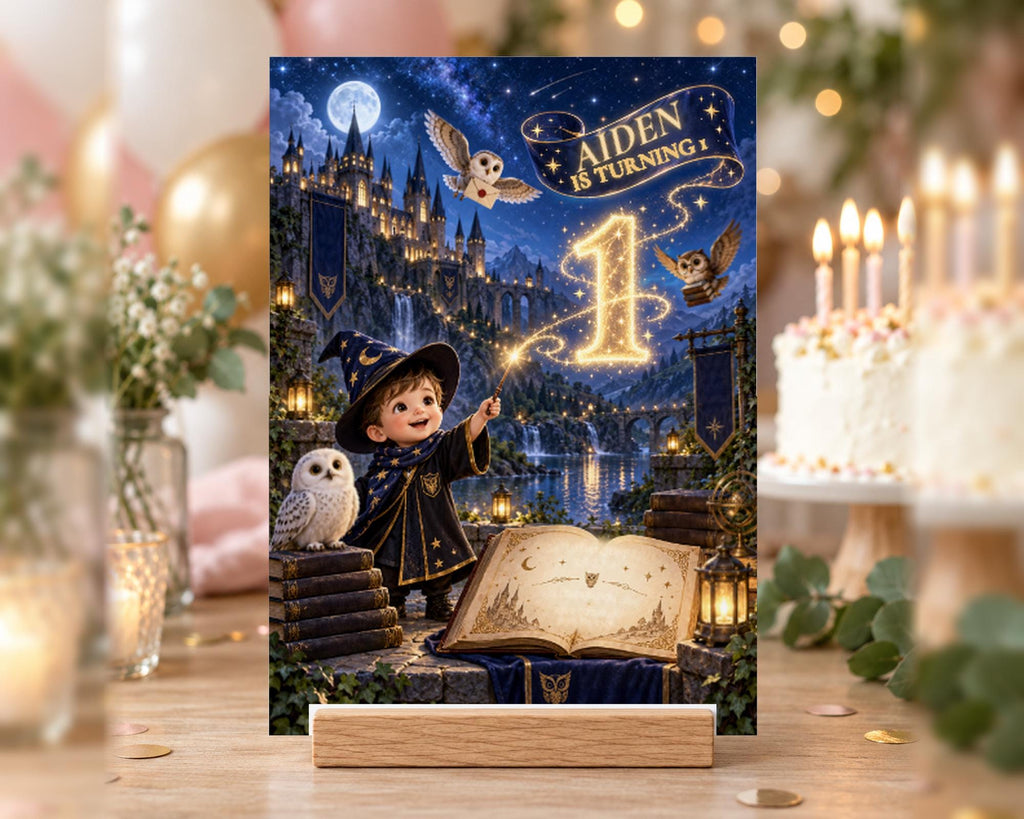 A birthday card featuring a young wizard, a white owl, and a castle, with the text "Aiden is turning 1" and a castle in the background.