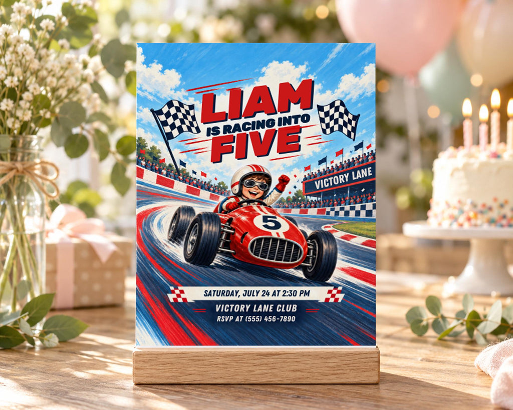 A birthday party invitation featuring a racing car on a track with the text "Liam is racing into FIVE" and details about the event.
