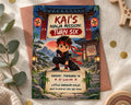 The image is a birthday party invitation featuring a cartoon character dressed as a ninja, with a sign that reads "Kai's Ninja Mission: Turn Six".