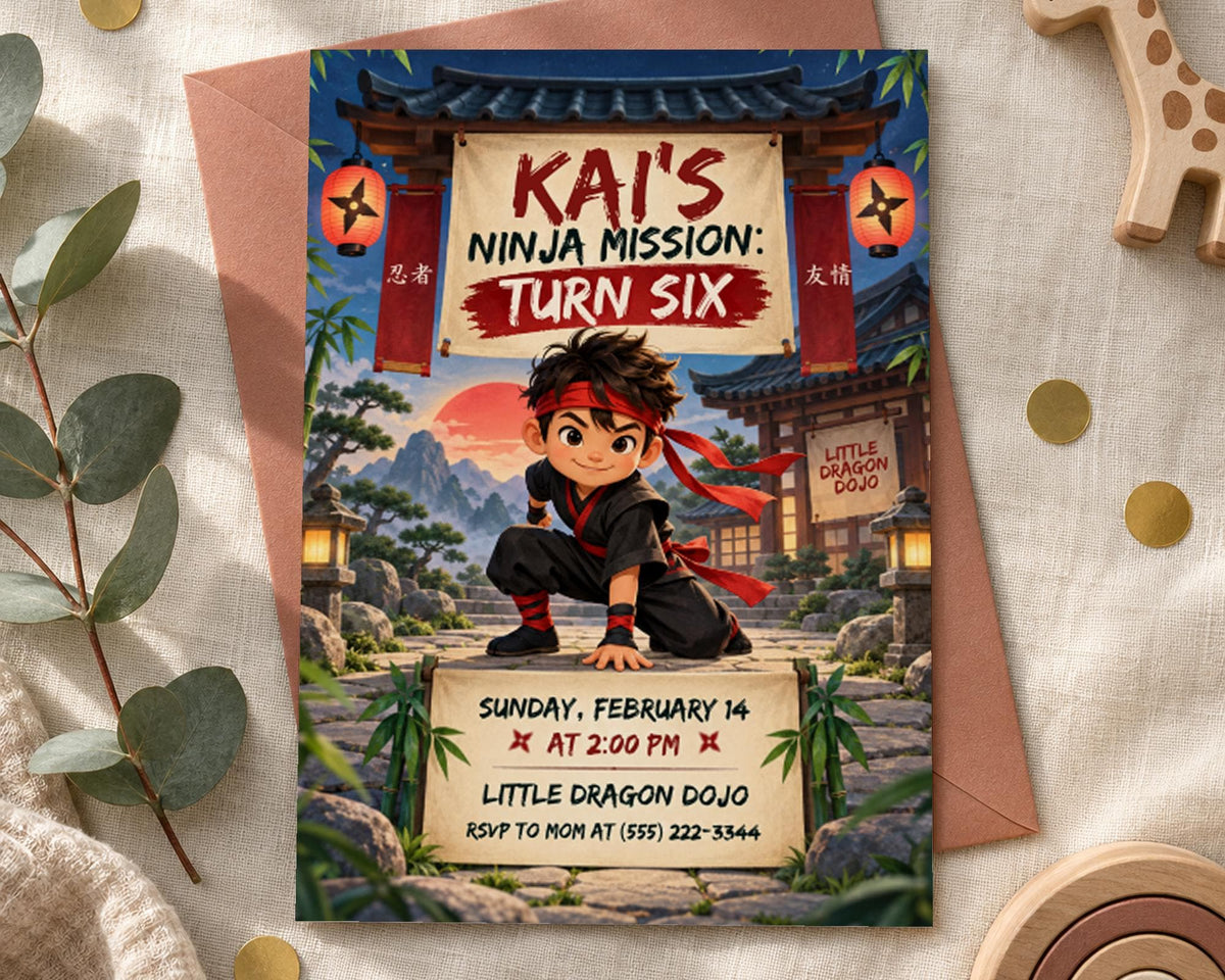 The image is a birthday party invitation featuring a cartoon character dressed as a ninja, with a sign that reads "Kai's Ninja Mission: Turn Six".