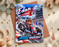 A birthday party invitation for a child's 5th birthday, featuring a racing car theme with a cartoon character on the car.