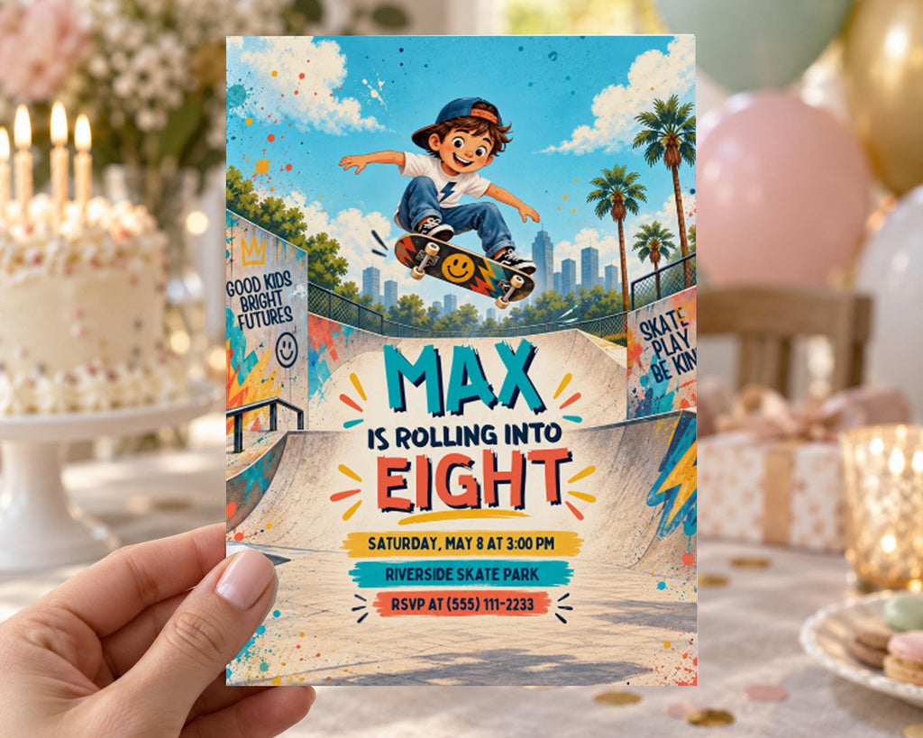 The image is a birthday party invitation for a skateboarding event, featuring a cartoon image of a young boy riding a skateboard and the text "MAX IS ROLLING INTO EIGHT" along with details about the event.