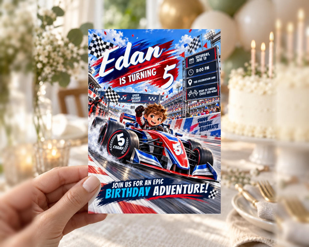 A birthday party invitation for a child's 5th birthday, featuring a racing car theme with a cartoon character.