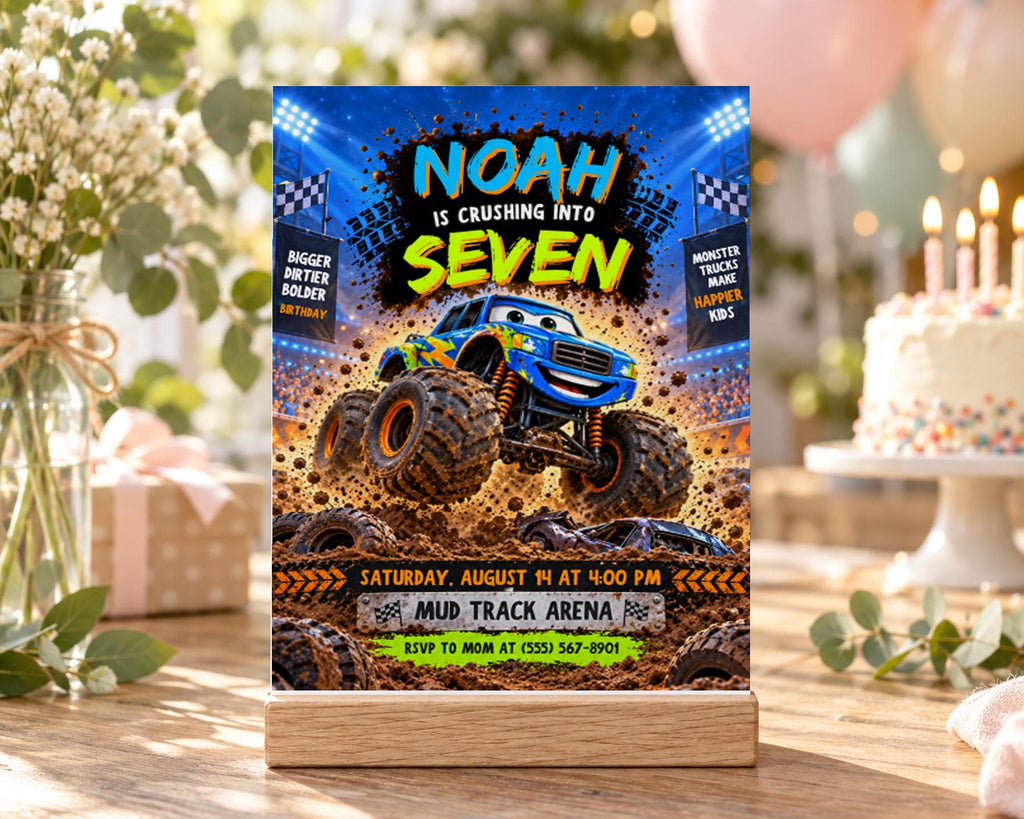 A birthday party invitation featuring a blue monster truck on a dirt track, with the text "Noah is crushing into seven" and details about the event.