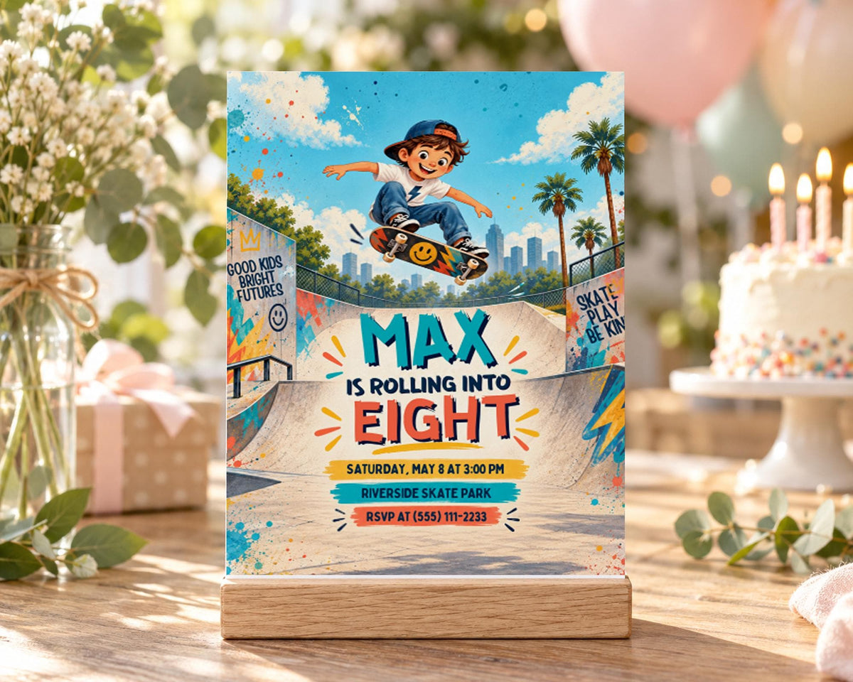 The image is a birthday invitation for a skateboarding event, featuring a cartoon image of a boy riding a skateboard and the text "MAX IS ROLLING INTO EIGHT" along with details about the event.