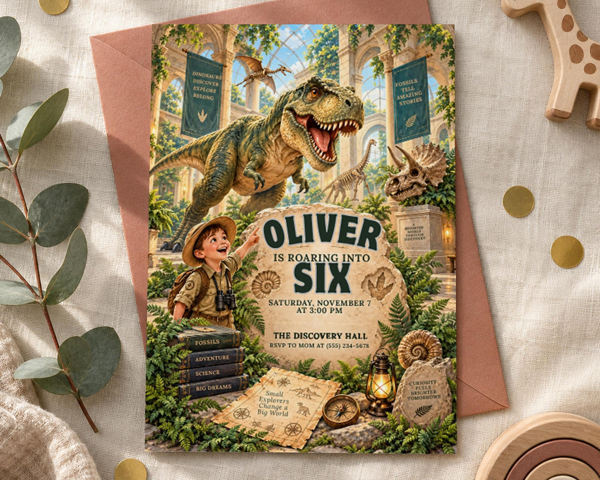The image is a birthday invitation featuring a dinosaur, a young boy, and various jungle-themed elements.