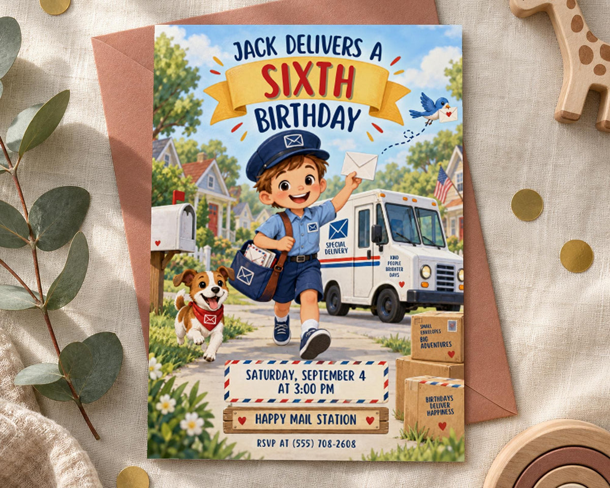 The image is a birthday invitation for a boy named Jack, who is turning six years old. The invitation features a cartoon illustration of a boy dressed as a mailman, holding a package and walking a dog. The background shows a mail truck and a mailbox, and the text on the invitation announces the event and provides details about the party.