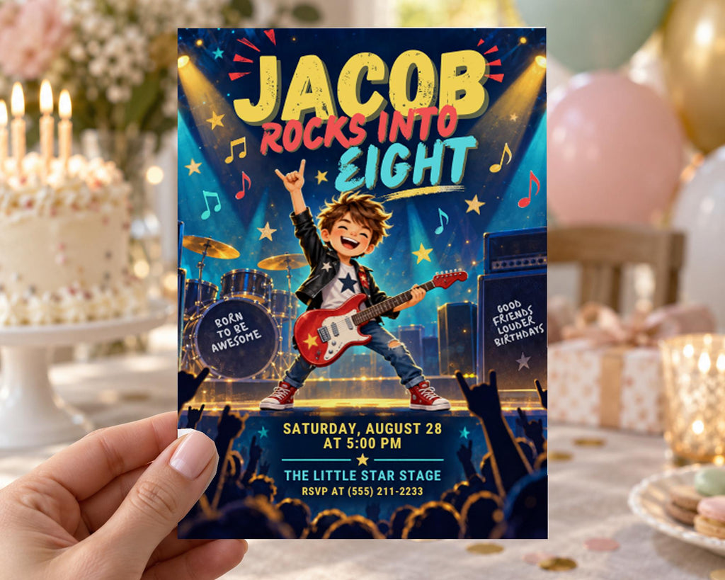 A person is holding a colorful birthday party invitation for a child named Jacob, who is described as a rock star. The invitation features a cartoon image of Jacob playing guitar and surrounded by a crowd of people.