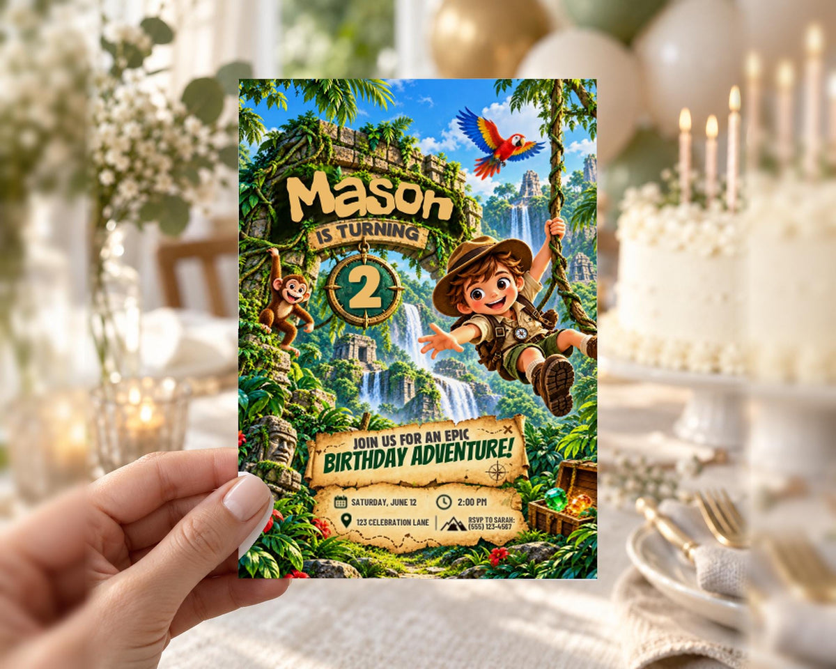 A hand holding a birthday invitation card with a jungle theme, featuring a cartoon character and tropical elements.