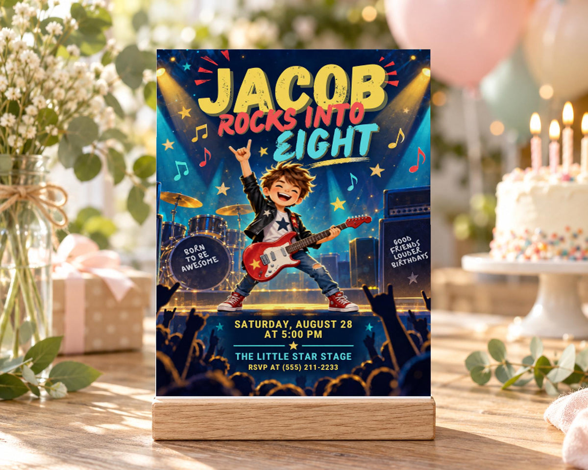 The image is a birthday party invitation featuring a young boy playing guitar and surrounded by colorful decorations, with a cake and balloons visible in the background.