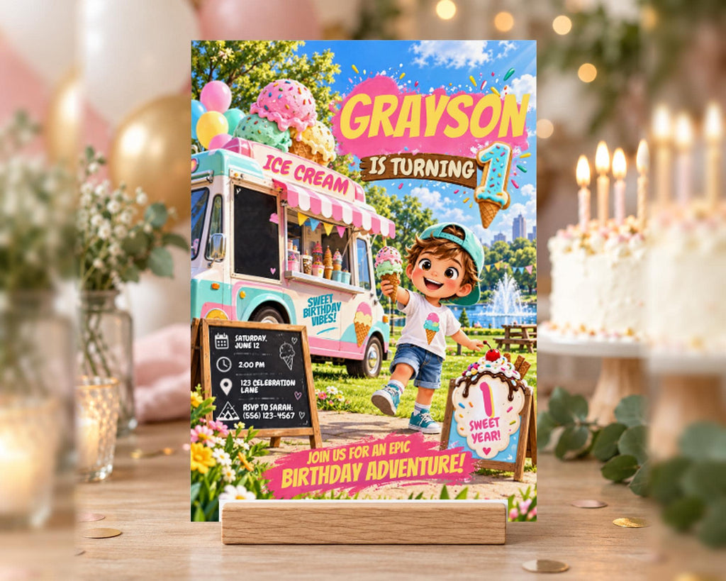 The image is a birthday invitation featuring a cartoon character holding an ice cream cone, with a background of a colorful ice cream truck and a park setting.