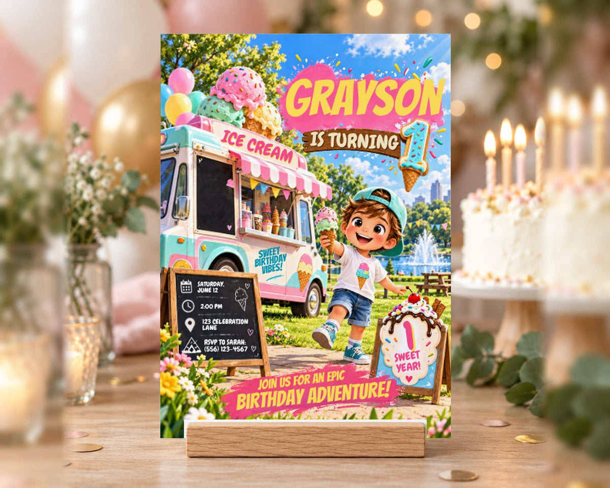 The image is a birthday invitation featuring a cartoon character holding an ice cream cone, with a background of a colorful ice cream truck and a park setting.