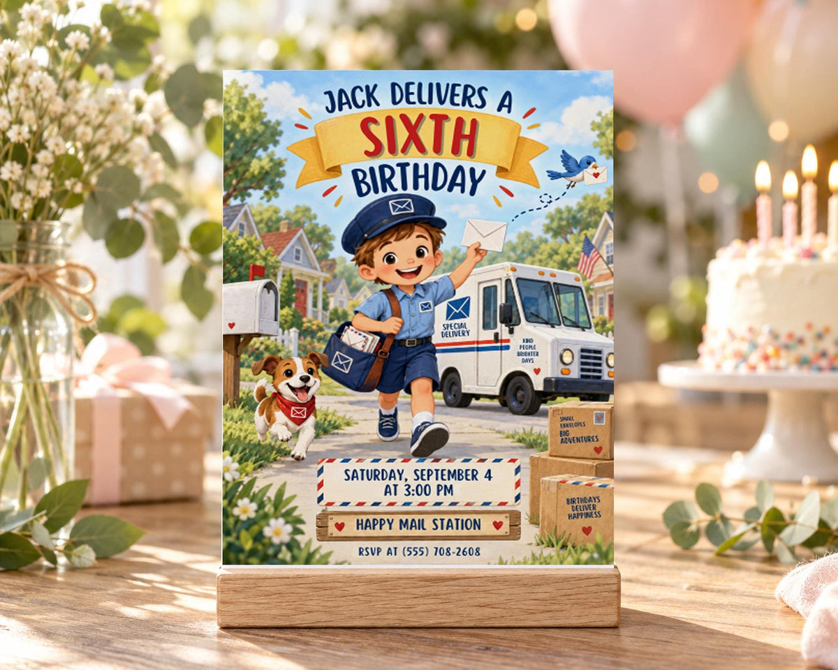 The image is a birthday invitation for a boy named Jack, who is turning six years old. The invitation features a cartoon image of a young boy dressed as a mailman, holding a package and standing next to a mailbox. The invitation also includes details about the birthday party, such as the date, time, and location at Happy Mail Station.