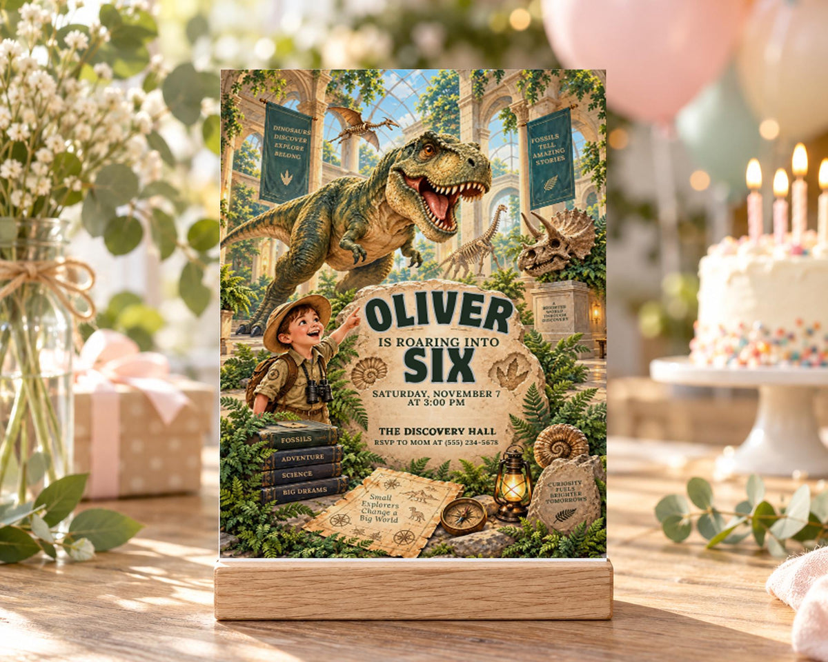 The image is a birthday invitation for a dinosaur-themed party, featuring a large illustration of a dinosaur surrounded by various dinosaur-related elements such as a cake, candles, and a young boy.