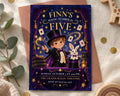 The image is a birthday invitation for a young boy named Finn, who is turning five years old. The invitation features a cartoon image of a young boy dressed as a magician, holding a magic wand and a rabbit, with a purple background and gold stars. The event is scheduled for Sunday, October 3 at 4:00 PM at The Grand Magic Theatre, and the RSVP is required at (55) 1234-5 Sixth.