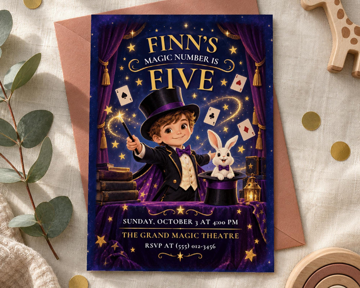 The image is a birthday invitation for a young boy named Finn, who is turning five years old. The invitation features a cartoon image of a young boy dressed as a magician, holding a magic wand and a rabbit, with a purple background and gold stars. The event is scheduled for Sunday, October 3 at 4:00 PM at The Grand Magic Theatre, and the RSVP is required at (55) 1234-5 Sixth.
