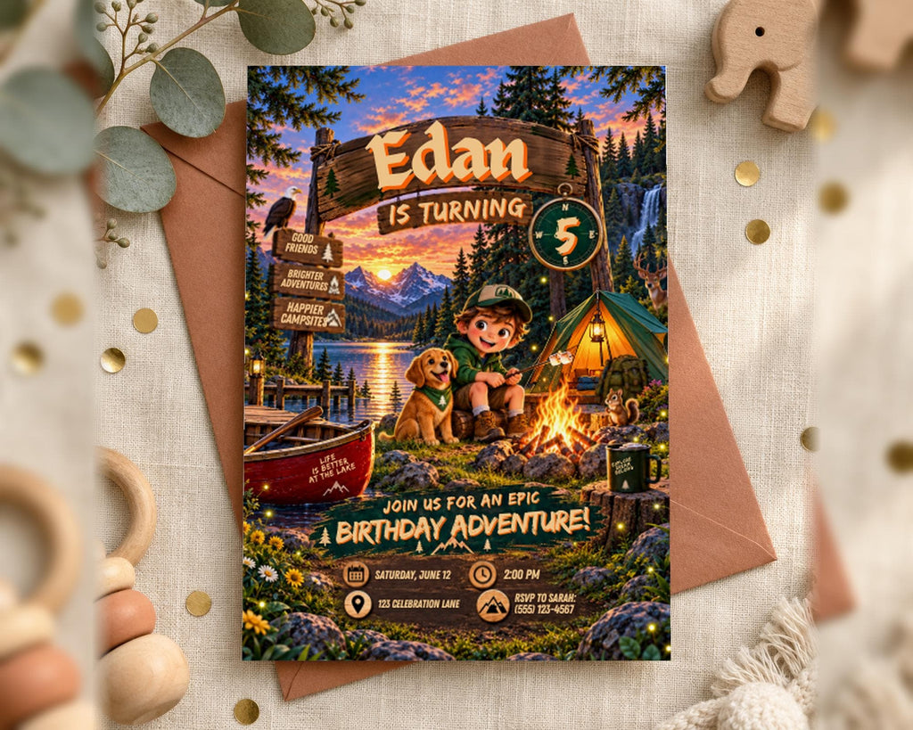 The image is a birthday invitation featuring a camping scene with a young boy, a dog, and a campfire. The invitation is for a birthday party with a camping theme, and it includes details about the event, such as the date, time, location, and contact information.