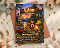 The image is a birthday invitation featuring a camping scene with a young boy, a dog, and a campfire. The invitation is for a birthday party with a camping theme, and it includes details about the event, such as the date, time, location, and contact information.