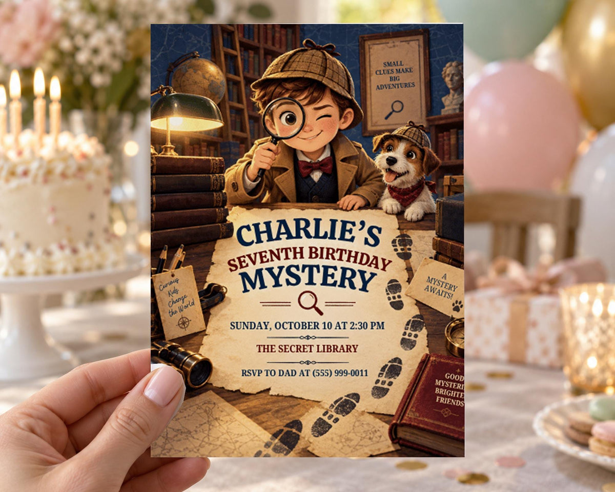 The image is a birthday party invitation for a child's seventh birthday, featuring a cartoon character wearing a magnifying glass and holding a magnifying glass, surrounded by books and clues, suggesting a mystery theme.