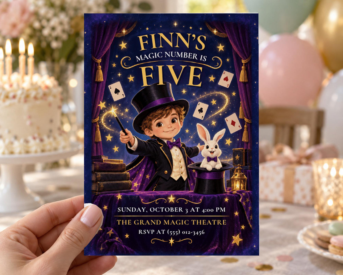 The image is a birthday invitation for a five-year-old boy named Finn, who is a magician. The invitation features a cartoon image of a young boy in a top hat and tails, holding a magic wand and a rabbit, with a purple background and gold stars. The text on the invitation announces the event as "FINN'S MAGIC NUMBER IS FIVE" and provides details about the party, including the date, time, location, and RSVP information.