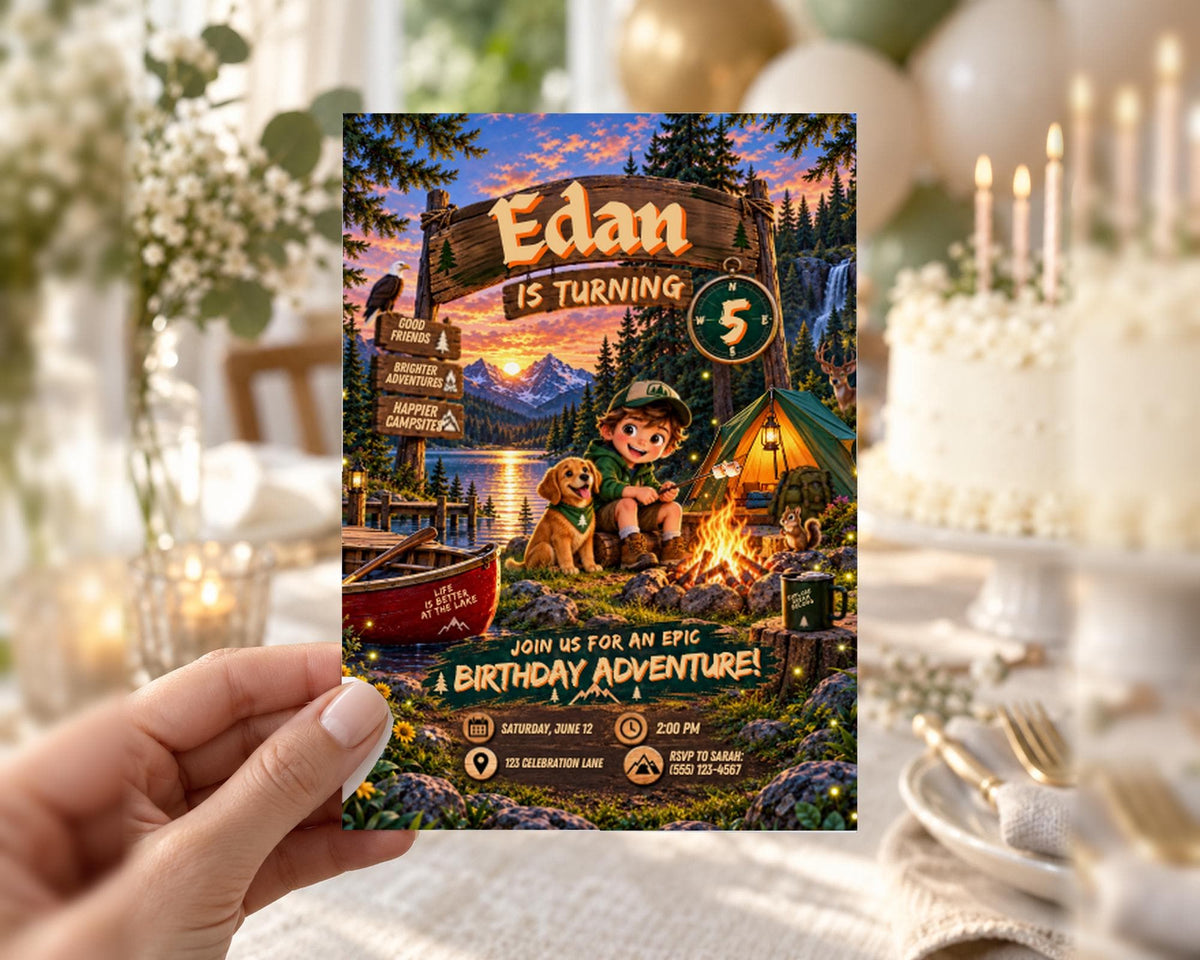 The image is a birthday invitation for a child named Edan, who is turning 5 years old. The invitation features a camping scene with a boy and a dog, along with a sunset and mountains in the background. The text on the invitation includes "EDAN IS TURNING 5", "JOIN US FOR AN EPIC BIRTHDAY ADVENTURE!", "SATURDAY, JUNE 12", "2:00 PM", "CELEBRATION LAND", and "PLEASE RSVP TO: 212-857-8578".