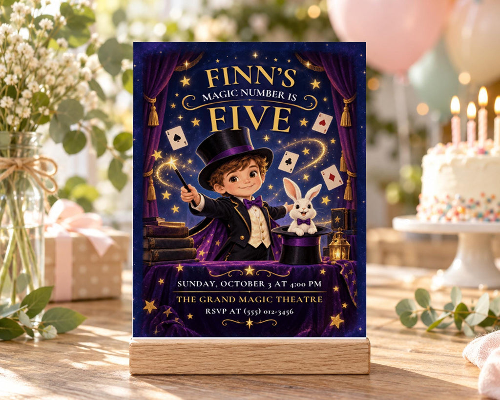 The image is a birthday invitation for a child named Finn, featuring a cartoon illustration of a young boy dressed as a magician performing tricks with a rabbit and playing cards.