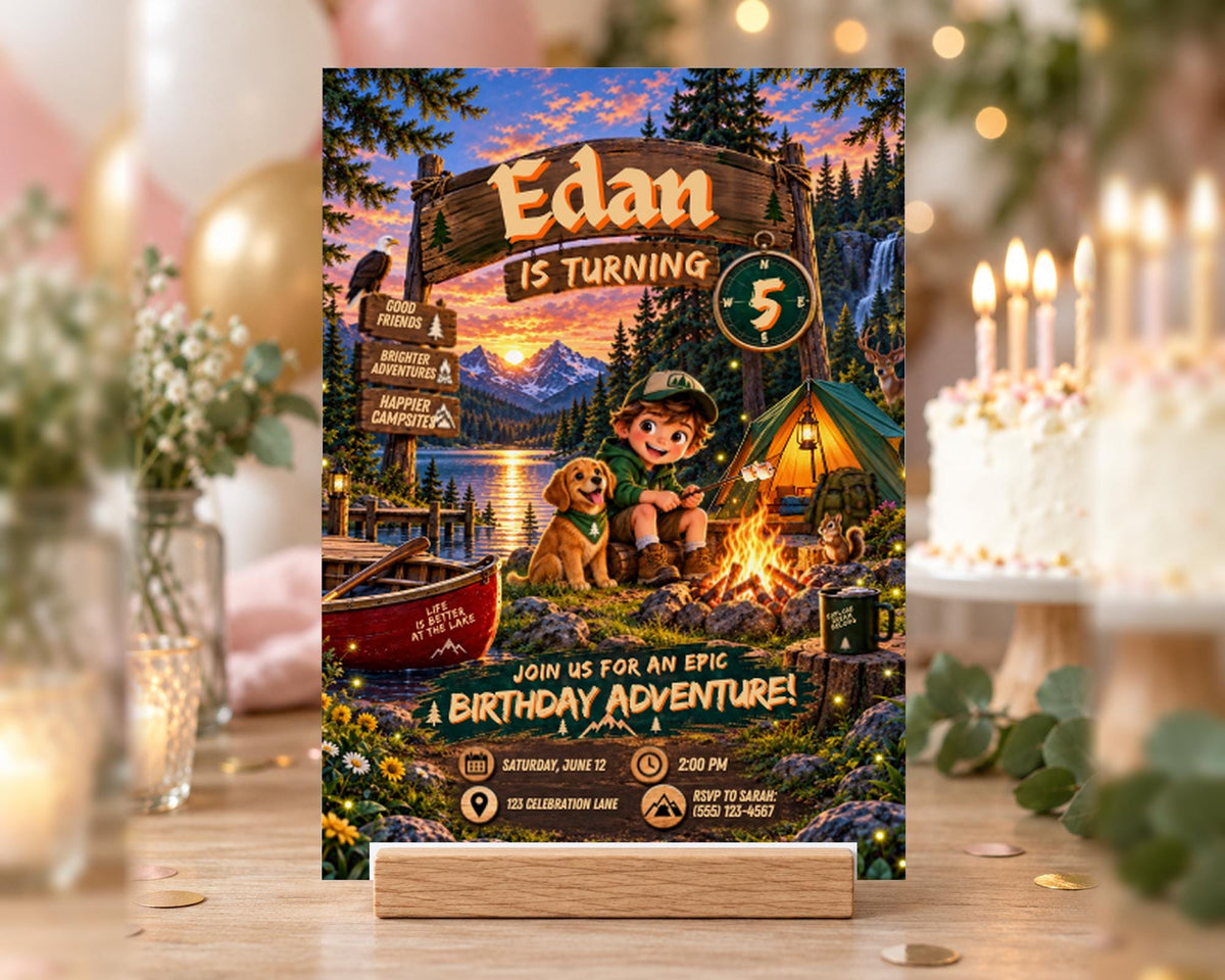 A birthday party invitation featuring a boy camping outdoors with a dog, surrounded by a forest and mountains, with a campfire and candles in the background.