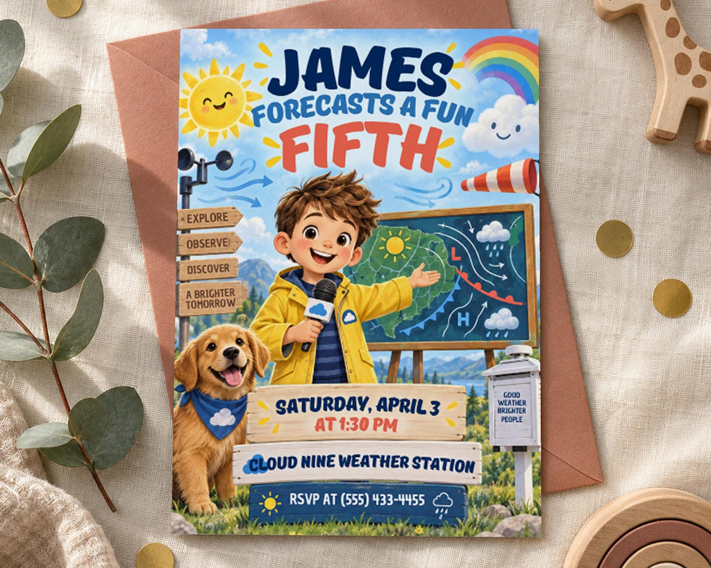 The image is a birthday invitation featuring a cartoon boy holding a weather vane, with a dog and a rainbow in the background.