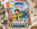 The image is a birthday invitation featuring a cartoon boy holding a weather vane, with a dog and a rainbow in the background.