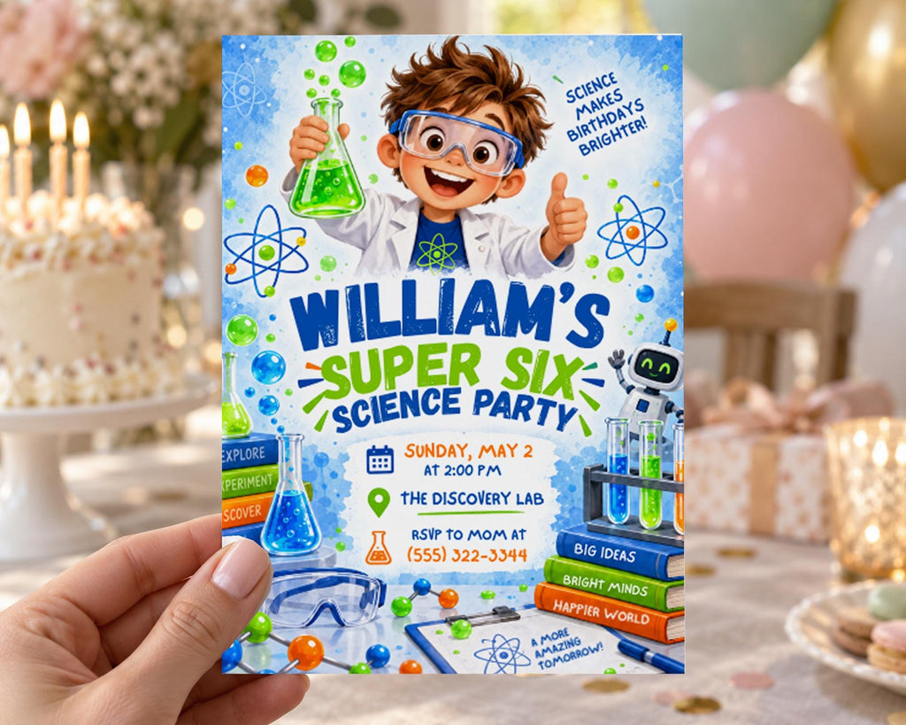The image is a colorful invitation card for a William's Super Six Science Party. It features a cartoon image of a young boy holding a science experiment, surrounded by various science-themed elements such as bubbles, lab equipment, and books. The card is being held in someone's hand, and the background includes a table with a cake and balloons, suggesting a festive atmosphere for the party.