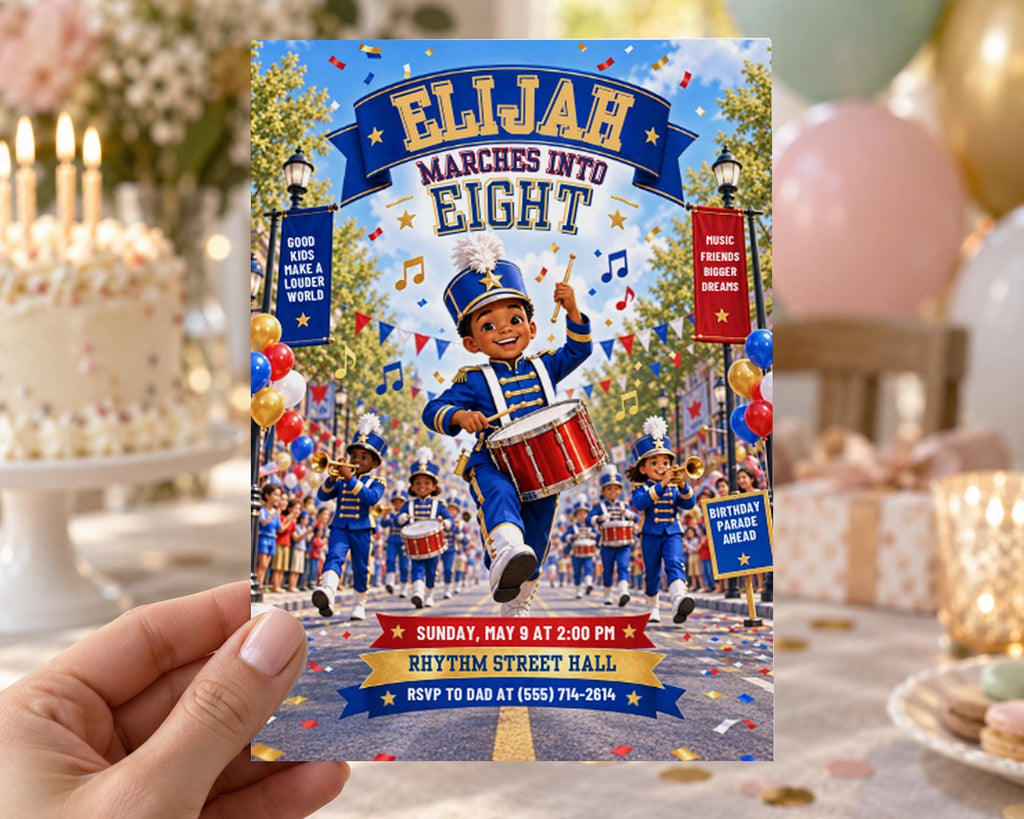 A hand holding a colorful invitation card for an event called "Elijah Marching into Eight".