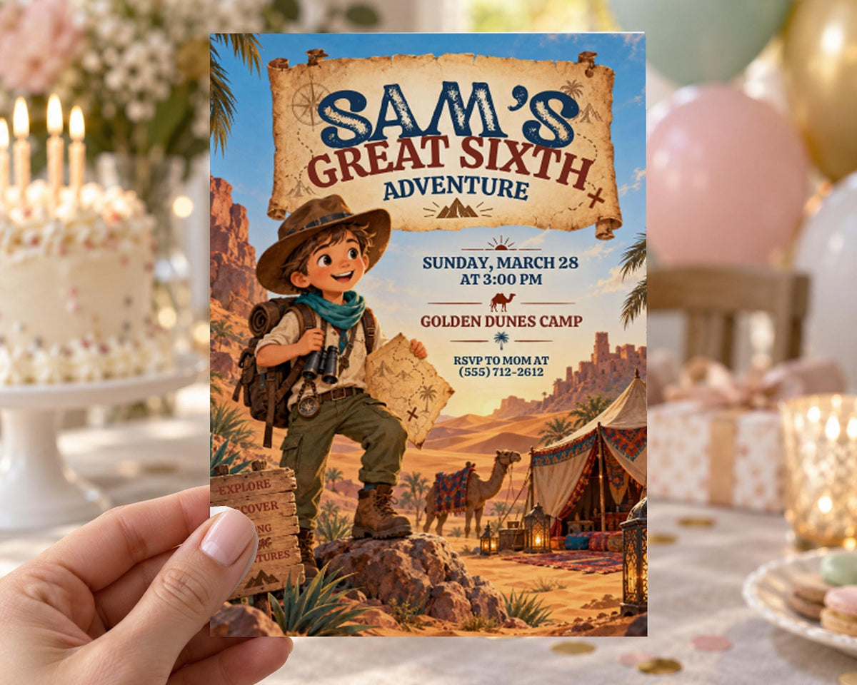 The image is a birthday party invitation featuring a cartoon character, a backpack, and a desert landscape.