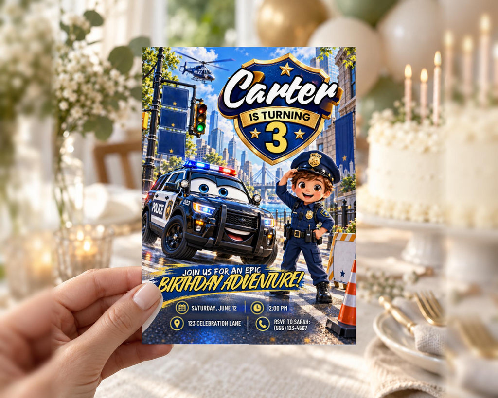 A birthday party invitation featuring a cartoon police officer character and a birthday boy, with the text " Carter is Turning 3" and "Join us for an Epic Birthday Adventure!"