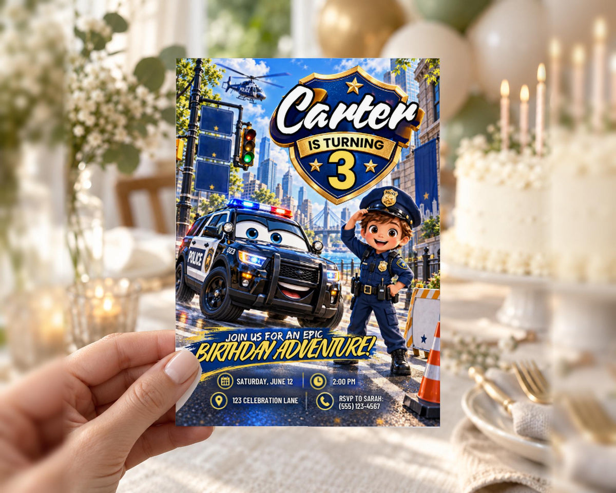 A birthday party invitation featuring a cartoon police officer character and a birthday boy, with the text " Carter is Turning 3" and "Join us for an Epic Birthday Adventure!"