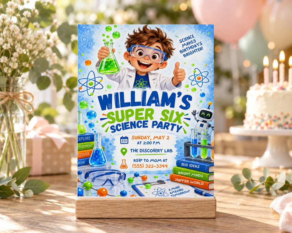 The image is a birthday party invitation for William's Super Science Party, featuring a cartoon character holding a flask and surrounded by science-themed decorations.