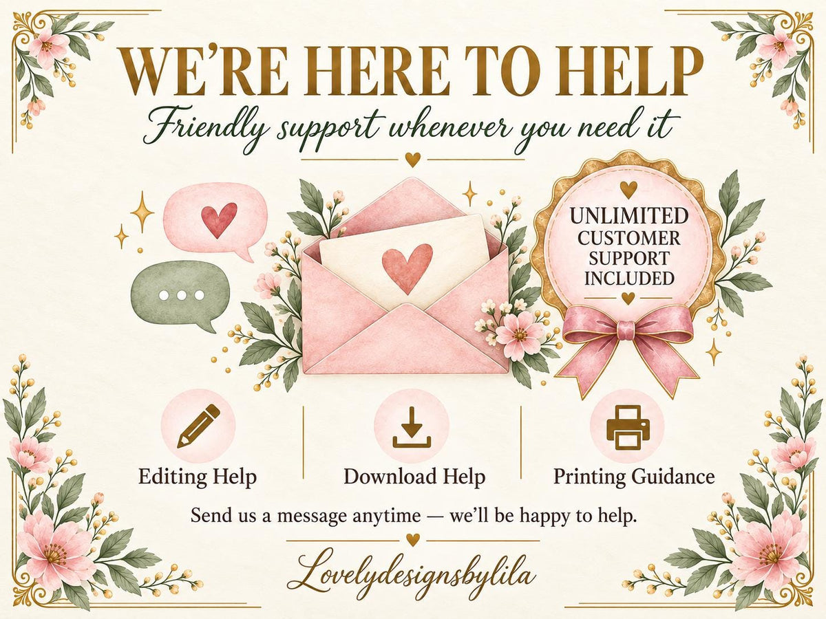 The image is a promotional poster for a company called "Lovely Designs by Lila", featuring various services such as editing, download, printing guidance, and customer support.