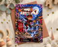 A birthday party invitation featuring a cartoon character, specifically a ninja, jumping through a Japanese landscape with a waterfall and cherry blossom trees. The invitation is for a birthday party for Alexander, who is turning 4.