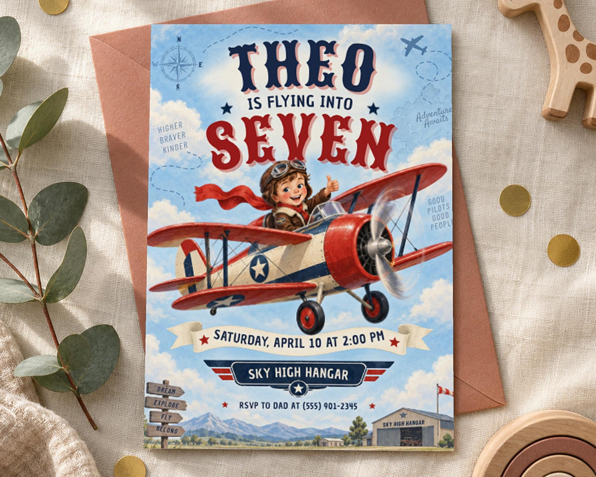 The image is a birthday invitation for a seven-year-old named Theo, featuring a red and white biplane with a smiling pilot, surrounded by a blue sky, clouds, and mountains.