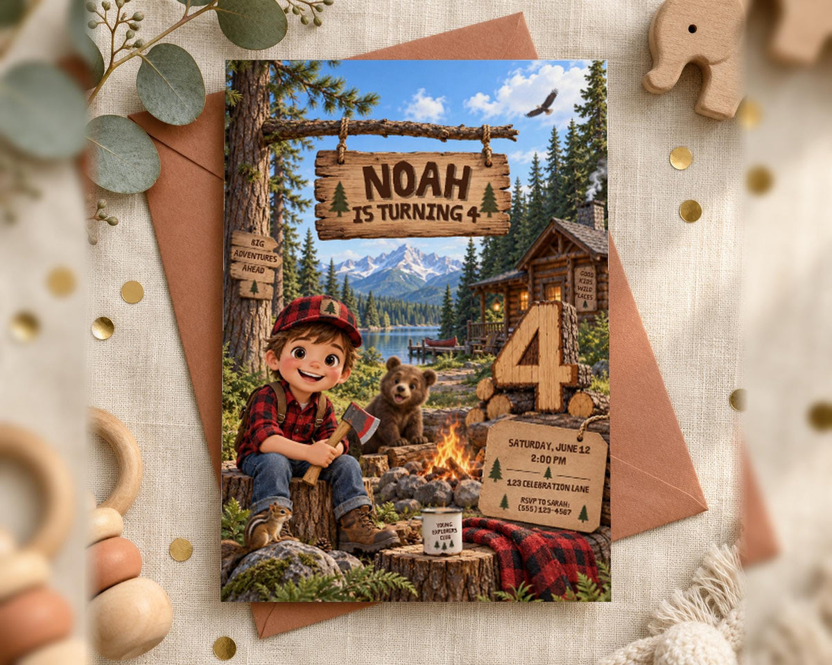 A birthday invitation featuring a young boy sitting on a tree stump with a bear, surrounded by a forest scene with a cabin and mountains in the background.