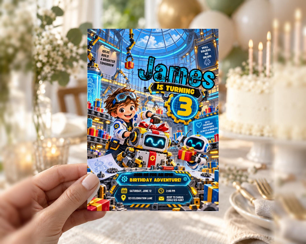 The image is a birthday invitation for a child named James, who is turning three years old. The invitation features a colorful and playful design with a robot character and various elements related to a birthday celebration.