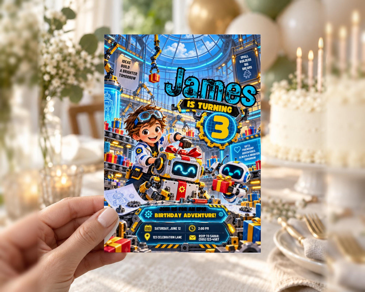 The image is a birthday invitation for a child named James, who is turning three years old. The invitation features a colorful and playful design with a robot character and various elements related to a birthday celebration.