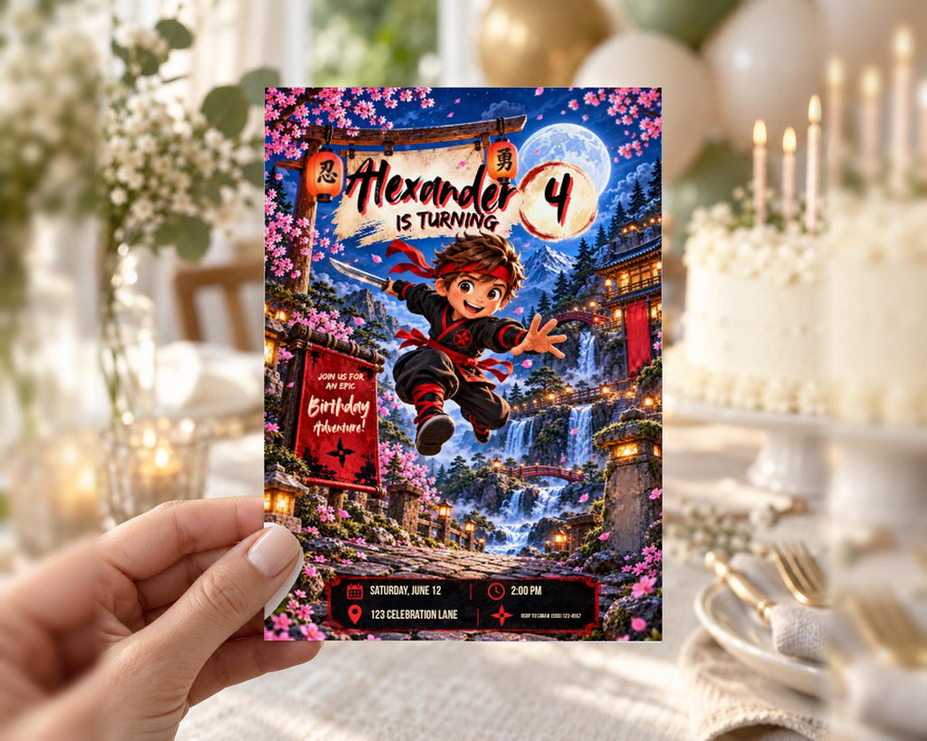 A hand holding a birthday invitation card with a cartoon character and a background of a Japanese-style village.