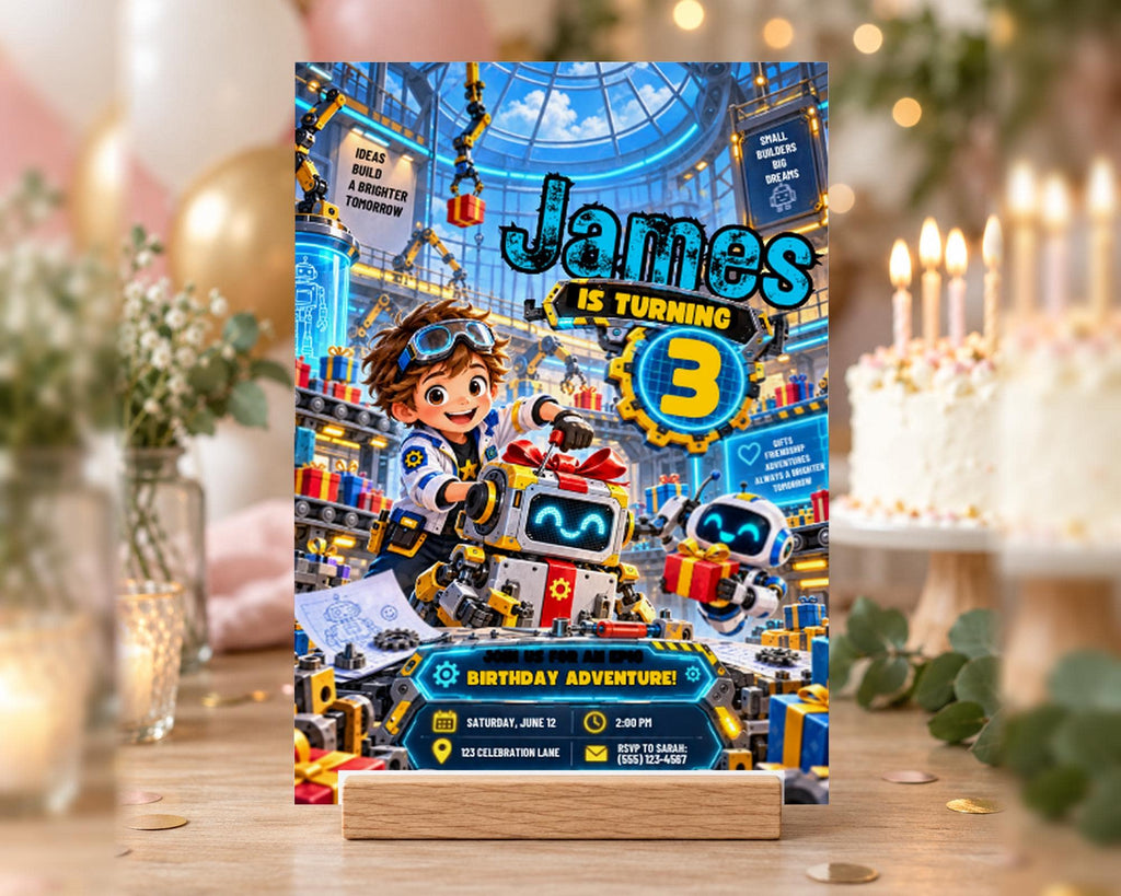 The image is a birthday invitation for a child named James, who is turning three years old. The invitation features a robot character and includes details about the birthday party, such as the date, time, location, and RSVP information.