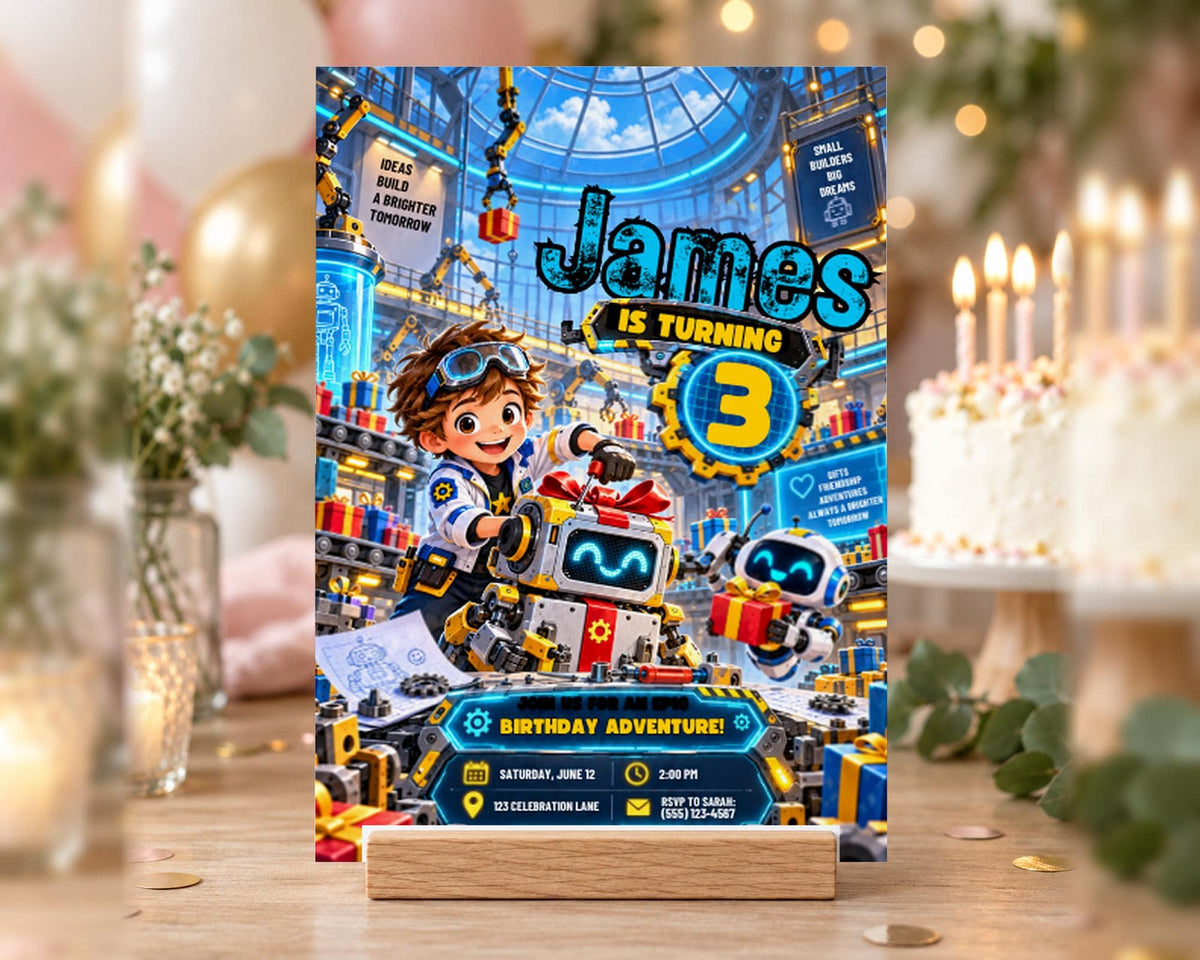 The image is a birthday invitation for a child named James, who is turning three years old. The invitation features a robot character and includes details about the birthday party, such as the date, time, location, and RSVP information.
